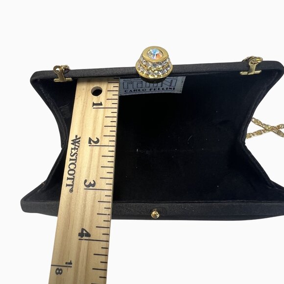 Rhinestone Clasp Classic Preppy Black Satin Clutch Purse Gold X Body Chain Strap - Picture 6 of 12